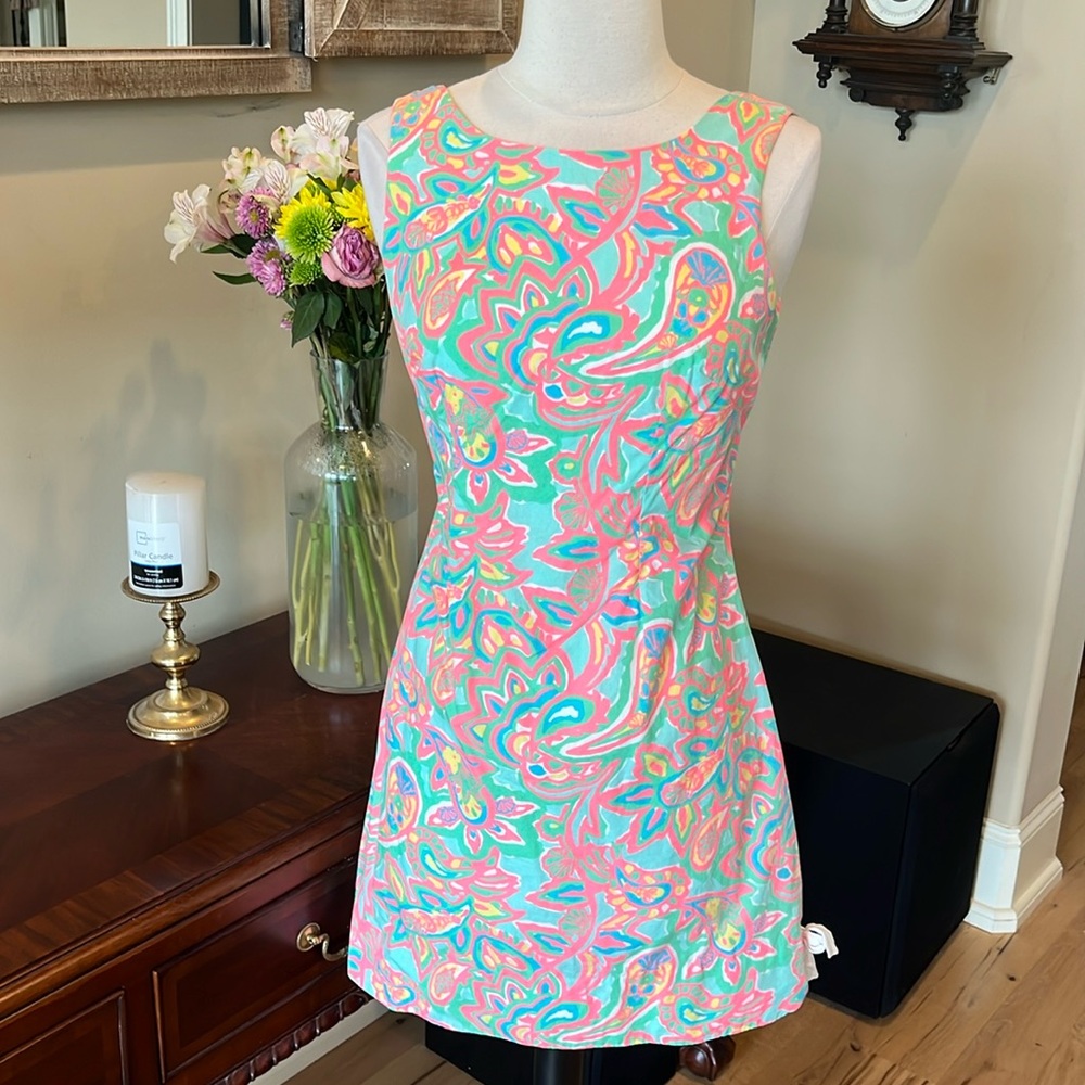 Lily Pulitzer Dress Neon Coral Green Blue Yellow Womens Small Paisley
